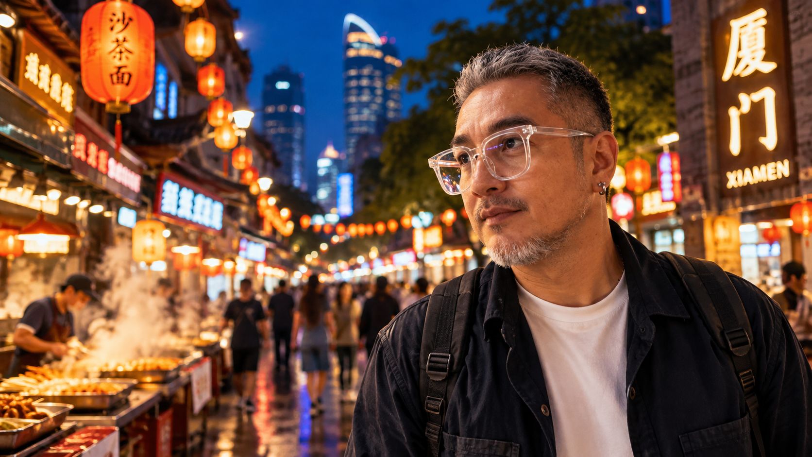 Nestor Sulu on a lantern-lit night street in Xiamen